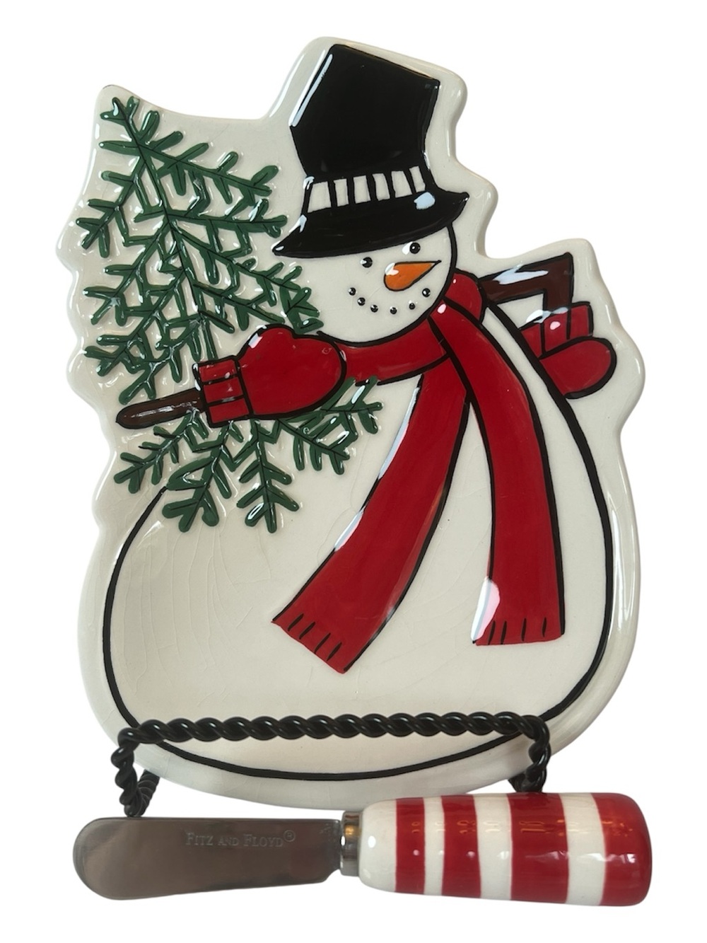 Fitz & Floyd Snowman Appetizer Serving Dish with Red Scarf & Tree Plus Spreader